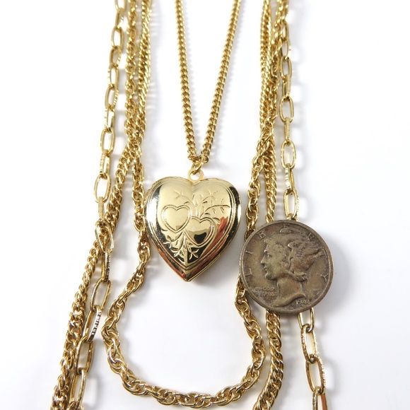 Heart Locket Necklace, Multi Chain, Gold, Gift - Picture 6 of 6
